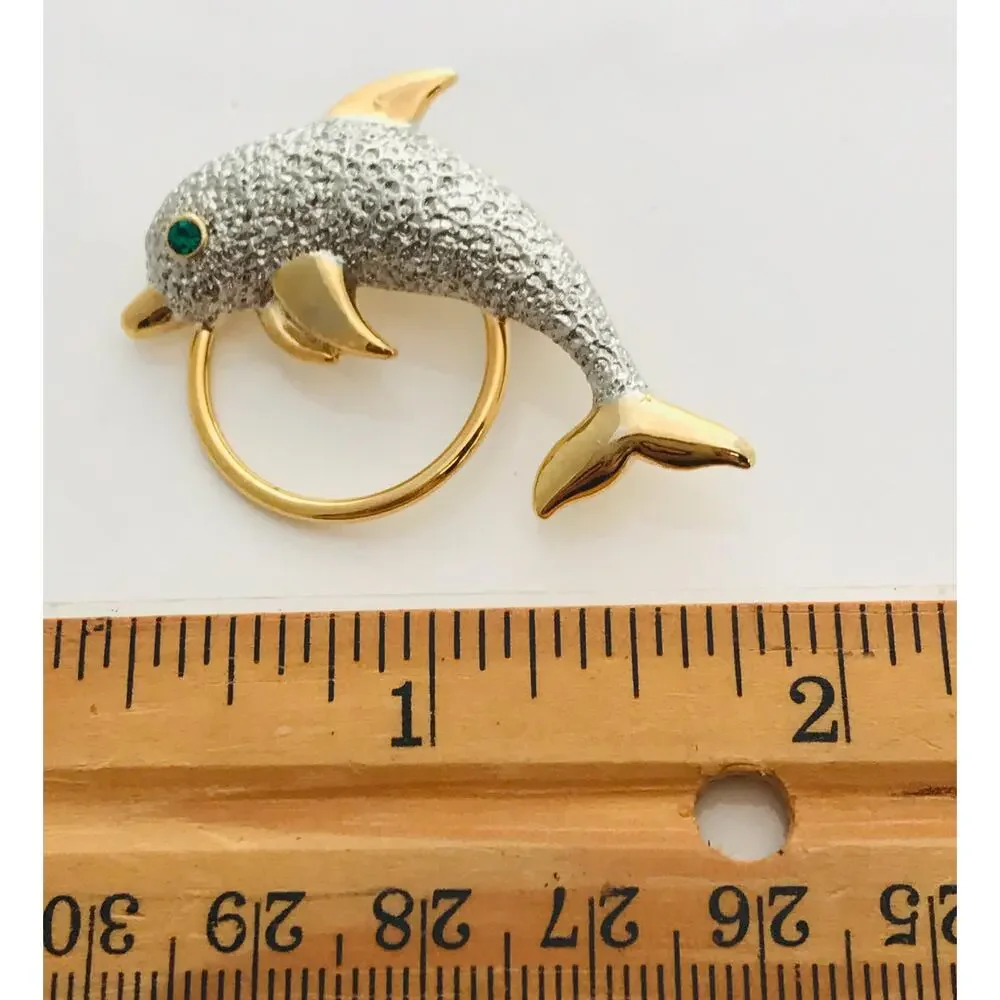 Vintage Dolphin Eyeglass Holder Brooch- Gold Tone - Silver Textured Dolphin Pin